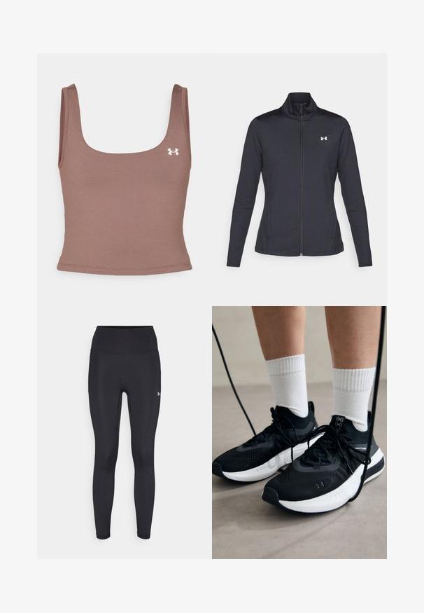Čierna športová bunda vyrobená z hladkého, elastického materiálu s vysokým golierom a plným zipsom, s malým bielym logom na hornej ľavej strane.; Hnedý krátky top s obdĺžnikovým výstrihom, vyrobený z hladkého, elastického materiálu. Na ľavej strane sa nachádza malé bílé logo.; Čierne legíny s vysokým pásom vyrobené z hladkého, elastického materiálu. Obsahujú ploché švy a malé logo na dolnej pravej nohe.; Čierne športové topánky s textúrovanou tkaninou, bielou podrážkou a čiernymi šnúrkami. Nosené s bielymi rebrovanými ponožkami, postavené na svetlom povrchu.