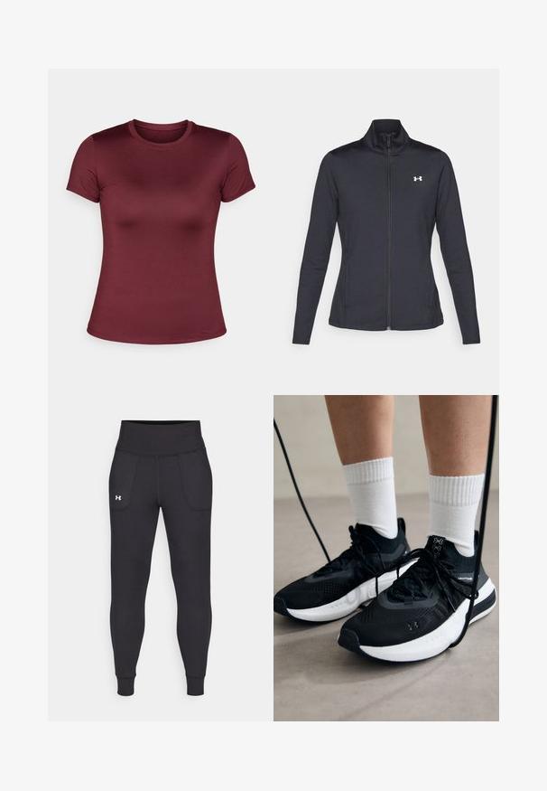 Fekete sportos dzseki sima, rugalmas anyagból, magas gallérral és teljes cipzárral, az elülső bal oldalon egy kis fehér logóval.; Burgundi színű, rövid ujjú póló, kerek nyakkivágással, sima anyagból készült, testhezálló fazon, minimalista dizájn, minta vagy díszítés nélkül.; Fekete sportleggings rugalmas anyagból, magas derékfűzéssel, oldalsó zsebekkel és szűkített szárakkal a bokán.; Fekete sportcipők textúrált anyagból, fehér talppal és fekete fűzőkkel. Fehér bordázott zoknikkal viselve, világos felületen állva.