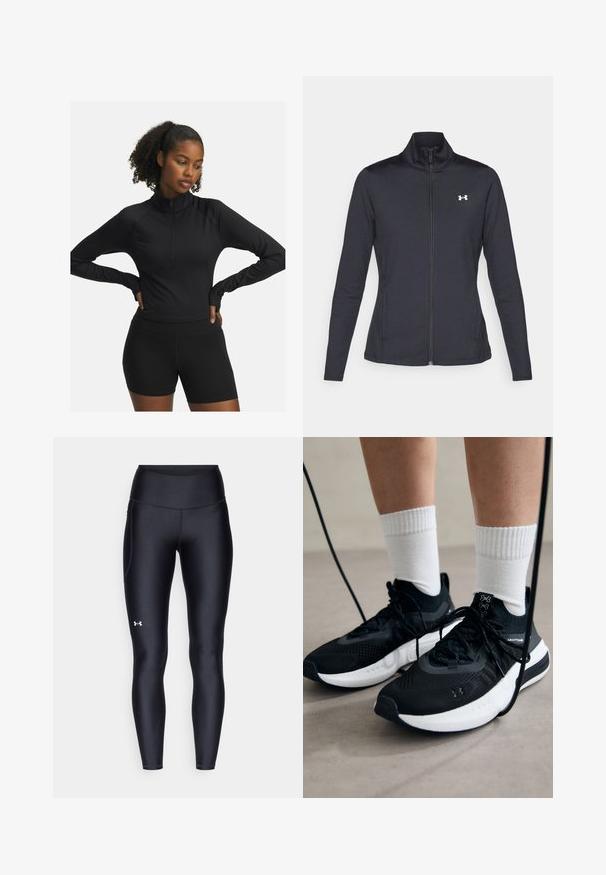 Zwarte sportjack gemaakt van glad, rekbaar materiaal met een hoge kraag en een volledige ritssluiting, met een klein wit logo op de bovenste linkerkant.; Zwart sportief shirt met lange mouwen en een half-rits kraag, gecombineerd met zwarte shorts. Heeft een stretchy, gladde stof met een aansluitende pasvorm.; Zwarte leggings van glad, rekbaar materiaal met een hoge tailleband. Heeft een wit logo op de linkerdij en een aansluitend ontwerp.; Zwarte sportschoenen van gestructureerde stof, met een witte zool en zwarte veters. Draag ze met witte geribde sokken, staand op een lichte ondergrond.