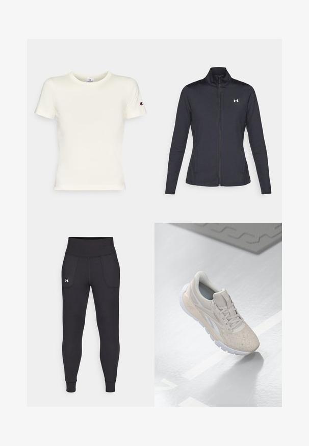 Fekete sportos dzseki sima, rugalmas anyagból, magas gallérral és teljes cipzárral, az elülső bal oldalon egy kis fehér logóval.; Tejfehér, rövid ujjú póló, amely pamutból készült, kerek nyakkivágással és hímzett logóval a bal ujján. Sima tapintású, klasszikus fazonú.; Fekete sportleggings rugalmas anyagból, magas derékfűzéssel, oldalsó zsebekkel és szűkített szárakkal a bokán.; Világos bézs színű sportcipő perforált felsőrésszel, texturált díszítéssel, párnázott nyakkal és fehér gumitalppal, amely a kényelem és a légáteresztő képesség érdekében készült.