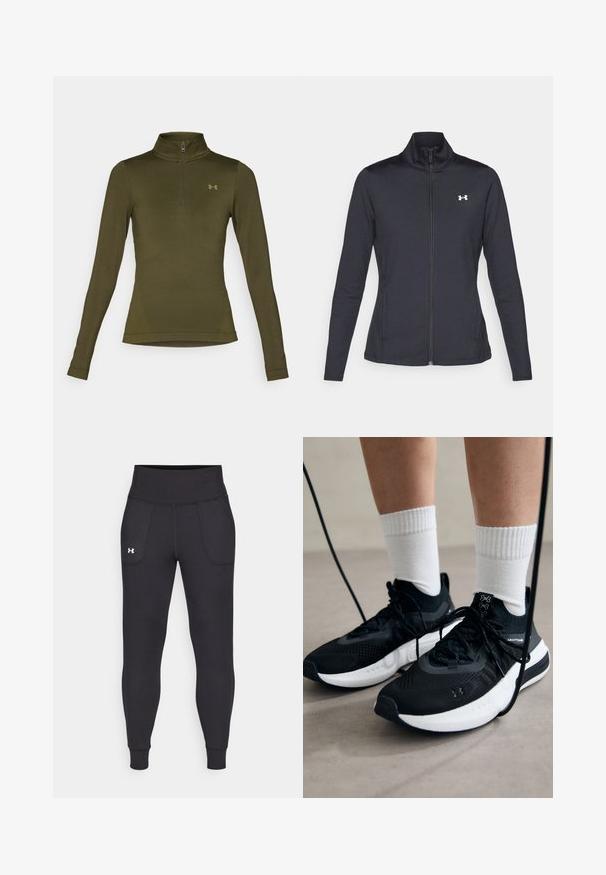 Fekete sportos dzseki sima, rugalmas anyagból, magas gallérral és teljes cipzárral, az elülső bal oldalon egy kis fehér logóval.; Under Armour VANISH SEAMLESS 1/4 ZIP - Hosszú ujjú felső - expedition green/canteen green; Fekete sportleggings rugalmas anyagból, magas derékfűzéssel, oldalsó zsebekkel és szűkített szárakkal a bokán.; Fekete sportcipők textúrált anyagból, fehér talppal és fekete fűzőkkel. Fehér bordázott zoknikkal viselve, világos felületen állva.