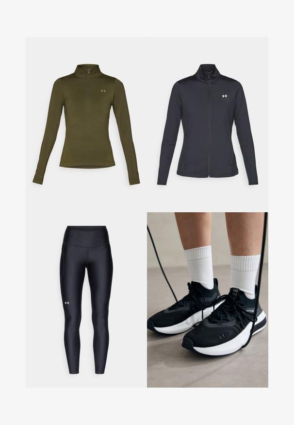 Chaqueta deportiva negra hecha de una tela suave y elástica, con cuello alto y cremallera completa, que presenta un pequeño logo blanco en la parte superior izquierda.; Under Armour VANISH SEAMLESS 1/4 ZIP - Camiseta de manga larga - expedition green/canteen green; Leggings negros hechos de un material suave y elástico con una cintura alta. Presentan un logo blanco en el muslo izquierdo y un diseño ajustado.; Zapatillas deportivas negras con tela texturizada, suela blanca y cordones negros. Llevadas con calcetines blancos de canalé, de pie sobre una superficie clara.