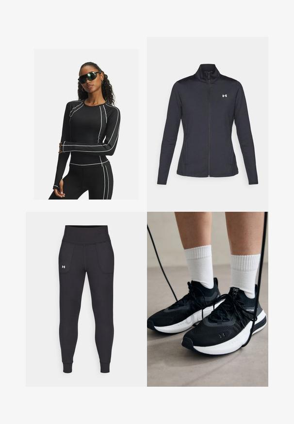 Schwarze Sportjacke aus glattem, dehnbarem Stoff mit hohem Kragen und durchgehendem Reißverschluss, ausgestattet mit einem kleinen weißen Logo auf der oberen linken Seite.; Schwarzes langärmliges Sportoberteil mit weißen Akzentnähten und Mesh-Einsätzen, kombiniert mit schwarzen Leggings und futuristischen schwarzen Sonnenbrillen.; Schwarze Sportleggings aus dehnbarem Material, mit hohem Taillenbund, seitlichen Taschen und schmalen Bündchen am Knöchel.; Schwarze Sportschuhe aus strukturiertem Stoff, mit weißer Sohle und schwarzen Schnürsenkeln. Tragen mit weißen gerippten Socken, stehen auf einer hellen Fläche.