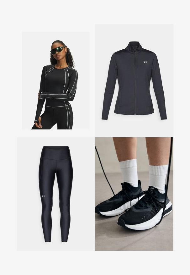 Sort atletisk jakke lavet af glat, strækbart stof med høj krave og fuld lynlås, der har et lille hvidt logo på den øverste venstre side.; Sort langærmet atletisk top med hvide detaljer og mesh-paneler, parret med sorte leggings og futuristiske sorte solbriller.; Sorte leggings lavet af glat, strækbart materiale med høj talje. Har et hvidt logo på venstre lår og en tætsiddende design.; Sorte sportssko med tekstureret stof, hvid sål og sorte snørebånd. Båret med hvide ribbede sokker, stående på en lys overflade.