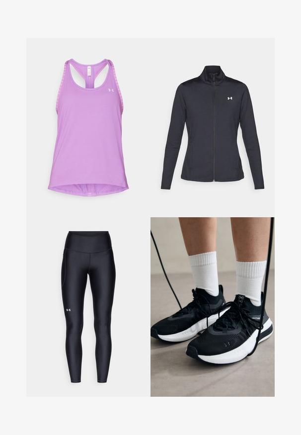 Svart idrottsjacka i slät, elastisk tyg med hög krage och hel dragkedja, med en liten vit logotyp på övre vänstra sidan.; Under Armour KNOCKOUT TANK - Linne - provence purple /purple ace; Svarta leggings i ett smidigt, stretchigt material med hög midja. Har en vit logotyp på vänstra låret och en åtsittande design.; Svarta sportskor med texturerat tyg, vit sula och svarta snören. Bärs med vita reglerade strumpor, stående på en ljus yta.