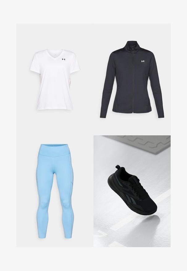 Svart treningsjakke laget av glatt, elastisk stoff med høy krage og hel glidelås, med en liten hvit logo på øvre venstre side.; Hvit v-hals t-skjorte laget av lett stoff, med korte ermer og en liten svart logo på venstre bryst. Glatt tekstur.; Lys blå leggings laget av elastisk stoff. Har høy midje, jevn tekstur og buede sømmer langs beina.; Svart treningstøvel med mesh-overdel, med teksturerte detaljer og en flat såleform. Inkluderer tone-i-tone merkevare og en løfteklaff på hælen.