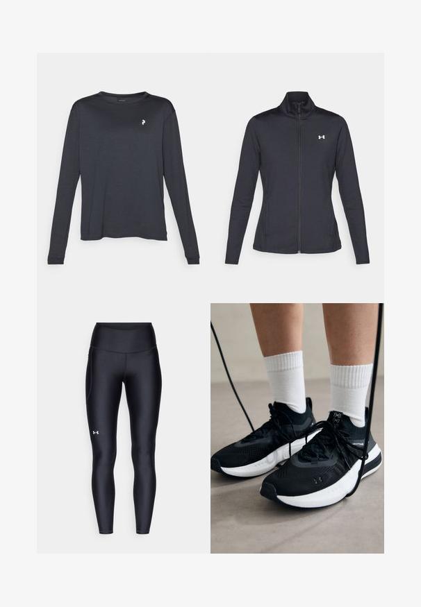 Zwarte sportjack gemaakt van glad, rekbaar materiaal met een hoge kraag en een volledige ritssluiting, met een klein wit logo op de bovenste linkerkant.; Donker langarm T-shirt van gestructureerde stof, met een ronde halslijn en een klein wit logo op de linker borst.; Zwarte leggings van glad, rekbaar materiaal met een hoge tailleband. Heeft een wit logo op de linkerdij en een aansluitend ontwerp.; Zwarte sportschoenen van gestructureerde stof, met een witte zool en zwarte veters. Draag ze met witte geribde sokken, staand op een lichte ondergrond.