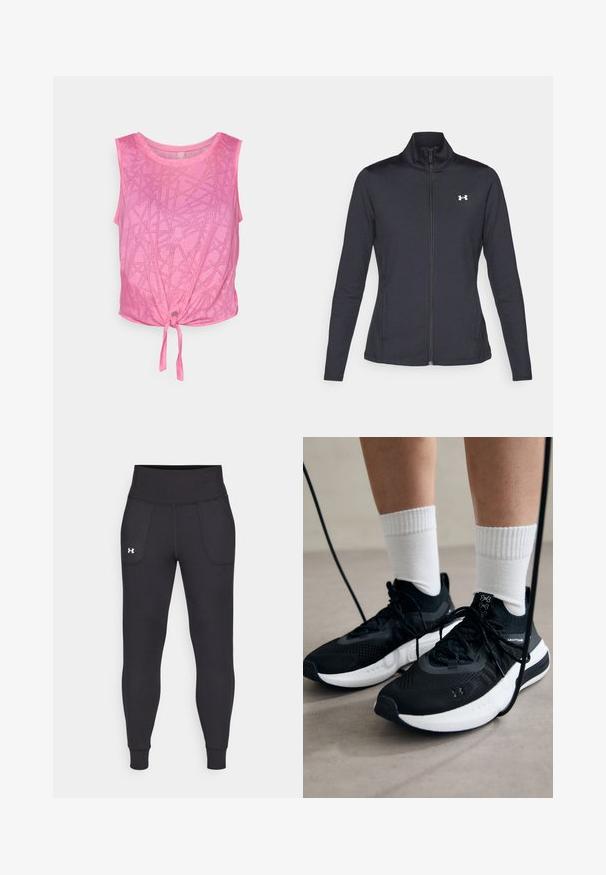 Black athletic jacket made of smooth, stretchy fabric with a high collar and full zipper, featuring a small white logo on the upper left side.; ONLY Play ONPMASON KNOT BURNOUT CROP TRAIN - Top - azalea pink; Black athletic leggings made from stretchy material, featuring a high waistband, side pockets, and fitted cuffs at the ankle.; Black athletic shoes with textured fabric, white sole, and black laces. Worn with white ribbed socks, standing on a light surface.