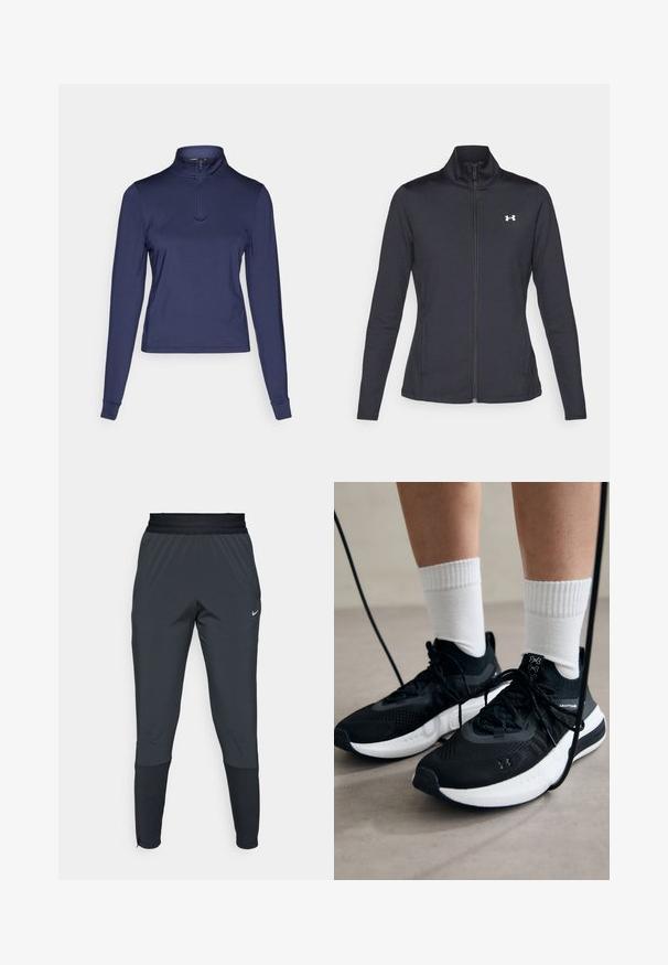Black athletic jacket made of smooth, stretchy fabric with a high collar and full zipper, featuring a small white logo on the upper left side.; Navy long-sleeve quarter-zip top made of smooth, stretchy fabric; features a high collar and fitted cuffs. Simple design with a classic silhouette.; Nike athletic pants in dark gray, featuring a tapered leg design, elastic waistband, and accent details near the cuffs.; Black athletic shoes with textured fabric, white sole, and black laces. Worn with white ribbed socks, standing on a light surface.