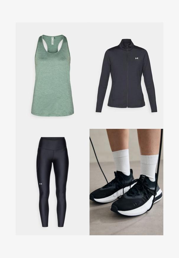 Černá sportovní bunda vyrobená z hladké a elastické textilie, s vysokým límcem a plným zipem, která má malé bílé logo na levé horní části.; ONLY Play ONPCORE LIFE ON - Top - duck green; Černé leginy vyrobené z hladkého, pružného materiálu s vysokým pasem. Obsahují bílé logo na levém stehně a mají přiléhavý střih.; Černé sportovní boty s texturovanou tkaninou, bílou podrážkou a černými tkaničkami. Nosené s bílými žebrovanými ponožkami, stojící na světlém povrchu.