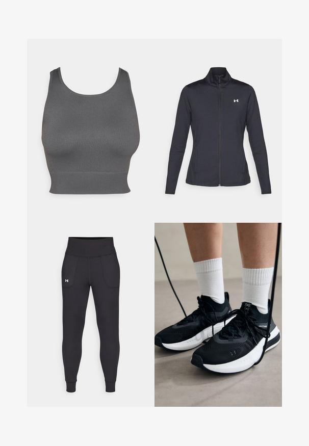 Giacca sportiva nera realizzata in tessuto morbido ed elasticizzato, con colletto alto e zip completa, caratterizzata da un piccolo logo bianco sul lato sinistro superiore.; Top corto grigio a coste con scollo rotondo e banda aderente all'orlo. Realizzato in un tessuto elastico per comfort e libertà di movimento.; Leggings atletici neri realizzati in materiale elastico, con un alto giro vita, tasche laterali e polsini aderenti alla caviglia.; Scarpe sportive nere con tessuto testurizzato, suola bianca e lacci neri. Indossate con calzini bianchi a costine, in piedi su una superficie chiara.
