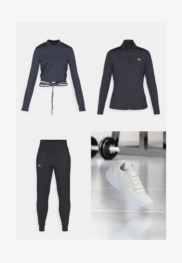 Melnās sporta jakas izgatavotas no gludas, elastīgas auduma ar augstu apkakli un pilnu rāvējslēdzēju, ar nelielu baltu logo augšējā kreisajā pusē.; Jūras spēku stila īsa piedurkņu blūze ar augstu apkakli un regulējamu sasienamu vidukli. Gluda, elastīga auduma konstrukcija ar pieguļošu dizainu.; Melnas sporta legingi, kas izgatavoti no stiepjama materiāla, ar augstu jostasvietu, sānu kabatām un pieguļošiem anklets.; Baltas sporta apavi ar teksturētu sietu augšdaļu un sasiešanas sistēmu, ar mīkstu baltu zoli un smalkiem ribotiem akcentiem.