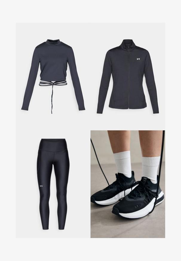 Svart treningsjakke laget av glatt, elastisk stoff med høy krage og hel glidelås, med en liten hvit logo på øvre venstre side.; Marineblå, kortermet langermet topp med høy krage og justerbar snøring i livet. Glatt, elastisk stoff med en tettsittende design.; Sorte leggings laget av glatt, elastisk materiale med høy midje. Har en hvit logo på venstre lår og en tettsittende design.; Svarte treningssko med teksturert stoff, hvit såle og svarte snøringer. Brukt med hvite ribbestrikkede sokker, stående på en lys overflate.