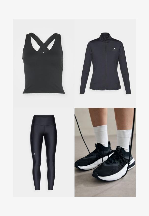 Melnās sporta jakas izgatavotas no gludas, elastīgas auduma ar augstu apkakli un pilnu rāvējslēdzēju, ar nelielu baltu logo augšējā kreisajā pusē.; Melna bezdelīga krekla ar apaļu izgriezumu un krusteniskām siksnām aizmugurē. Izgatavots no gludas auduma ar pieguļošu siluetu un bez redzamām rotājumiem.; Melnas leginses, kas izgatavotas no gluda, elastīga materiāla ar augstām jostām. Ir balta logo kreisajā augšstilbā un pieguļoša piegriezuma dizains.; Melni sporta apavi ar strukturētu audumu, balta zole un melni šņores. Valkāti ar baltām ribotām zeķēm, stāvot uz gaišas virsmas.