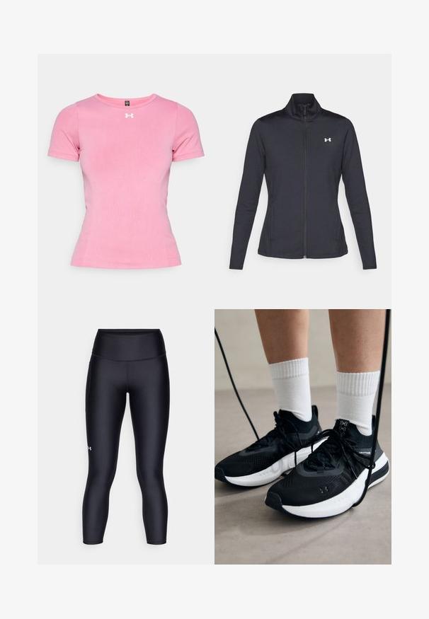 Crna atletska jakna napravljena od glatkog, rastezljivog materijala s visokim kragnom i punim patentnim zatvaračem, s malim bijelim logotipom na gornjoj lijevoj strani.; Ružičasta kratkodlaka sportska majica napravljena od glatkog materijala. Ima okrugli izrez i mali bijeli logotip na prsima. Prilagođen dizajn.; Crne tajice od glatkog, rastezljivog materijala. Visok struk s prilagođenim krojem i malim logotipom na lijevoj nozi.; Crne atletske cipele s teksturiranim materijalom, bijelim potplatima i crnim vezicama. Nosene s bijelim rebrastim čarapama, stojeći na svijetloj površini.