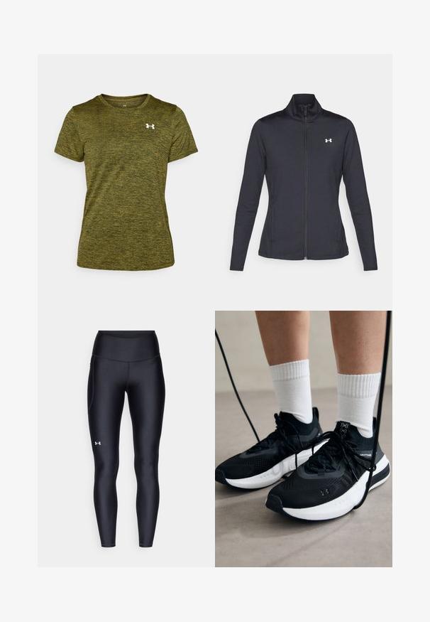 Svart treningsjakke laget av glatt, elastisk stoff med høy krage og hel glidelås, med en liten hvit logo på øvre venstre side.; Grønn t-skjorte med kort erm laget av teksturert stoff med heatheret mønster. Har en hvit logo på venstre brystområde.; Sorte leggings laget av glatt, elastisk materiale med høy midje. Har en hvit logo på venstre lår og en tettsittende design.; Svarte treningssko med teksturert stoff, hvit såle og svarte snøringer. Brukt med hvite ribbestrikkede sokker, stående på en lys overflate.