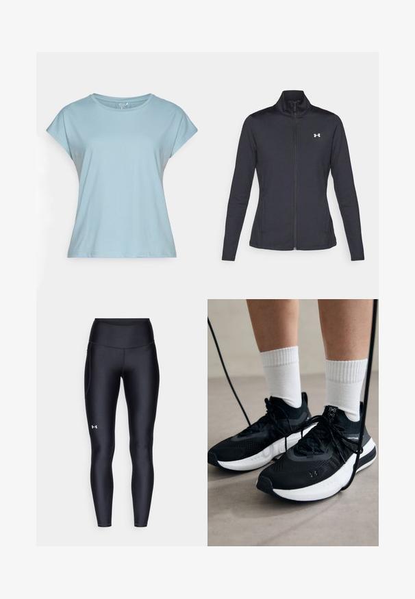 Črna atletska jakna iz gladkega, raztegljivega blaga z visokim ovratnikom in polnim zadrgo, ki ima majhen bel logotip na zgornji levi strani.; Svjetloplavi majica kratkih rukava izrađena od mekog materijala. Ima okrugli izrez, opušteni kroj i šavovane rubove. Nema uzoraka ni ukrasa.; Črne pajkice iz gladkega, elastičnega materiala z visokim pasom. Imajo bel logotip na levem stegnu in oprijet kroj.; Črne športne čevlje z strukturirano tkanino, belo podplatom in črnimi vezalkami. Nosi se z belimi rebrastimi nogavicami, stoje na svetli površini.