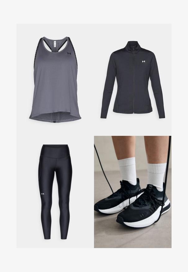 Black athletic jacket made of smooth, stretchy fabric with a high collar and full zipper, featuring a small white logo on the upper left side.; Gray athletic tank top with a rounded neckline, racerback design, and contrasting black accents on shoulder straps. Made from lightweight fabric.; Black leggings made of smooth, stretchy material with a high waistband. Features a white logo on the left thigh and fitted design.; Black athletic shoes with textured fabric, white sole, and black laces. Worn with white ribbed socks, standing on a light surface.