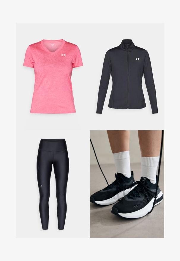 Chaqueta deportiva negra hecha de una tela suave y elástica, con cuello alto y cremallera completa, que presenta un pequeño logo blanco en la parte superior izquierda.; Camiseta de manga corta rosa con escote en V, hecha de una tela ligera, que presenta una sutil textura jaspeada y un logo blanco en el lado izquierdo del pecho.; Leggings negros hechos de un material suave y elástico con una cintura alta. Presentan un logo blanco en el muslo izquierdo y un diseño ajustado.; Zapatillas deportivas negras con tela texturizada, suela blanca y cordones negros. Llevadas con calcetines blancos de canalé, de pie sobre una superficie clara.