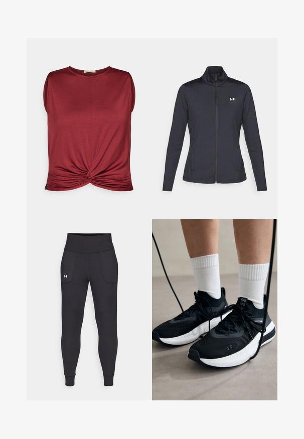 Jachetă sport neagră realizată dintr-un material neted și elastic, cu guler înalt și fermoar complet, având un mic logo alb în colțul din stânga sus.; Top fără mâneci de culoare violet, cu decolteu rotund și nod răsucit în față. Fabricat dintr-un material moale cu o textură netedă.; Leggings negre atletice realizate dintr-un material elastic, cu talie înaltă, buzunare pe lateral și manșete ajustate la gleznă.; Căști atletice negre cu țesătură texturată, talpă albă și șireturi negre. Purtați cu șosete albe cu riflaje, stând pe o suprafață deschisă.