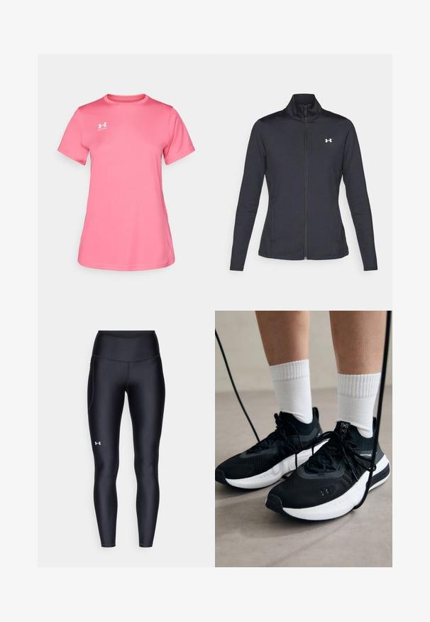 Fekete sportos dzseki sima, rugalmas anyagból, magas gallérral és teljes cipzárral, az elülső bal oldalon egy kis fehér logóval.; Rózsaszín sportpóló, könnyű, sima anyagból. Rövid ujjú, kerek nyakkivágású, a mellkasán egy kis fehér logóval.; Fekete leggings sima, rugalmas anyagból, magas derékkal. Bal combján fehér logó található, és testhezálló kialakítású.; Fekete sportcipők textúrált anyagból, fehér talppal és fekete fűzőkkel. Fehér bordázott zoknikkal viselve, világos felületen állva.