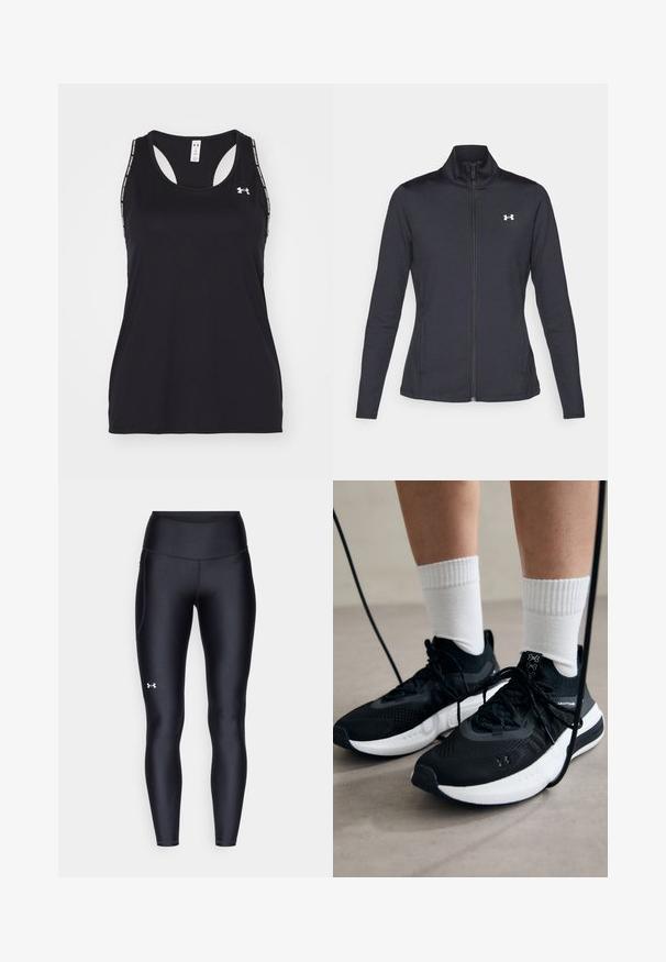 Black athletic jacket made of smooth, stretchy fabric with a high collar and full zipper, featuring a small white logo on the upper left side.; Black athletic tank top with a scoop neckline and racerback design. Features logo and patterned straps. Made from lightweight, breathable material.; Black leggings made of smooth, stretchy material with a high waistband. Features a white logo on the left thigh and fitted design.; Black athletic shoes with textured fabric, white sole, and black laces. Worn with white ribbed socks, standing on a light surface.