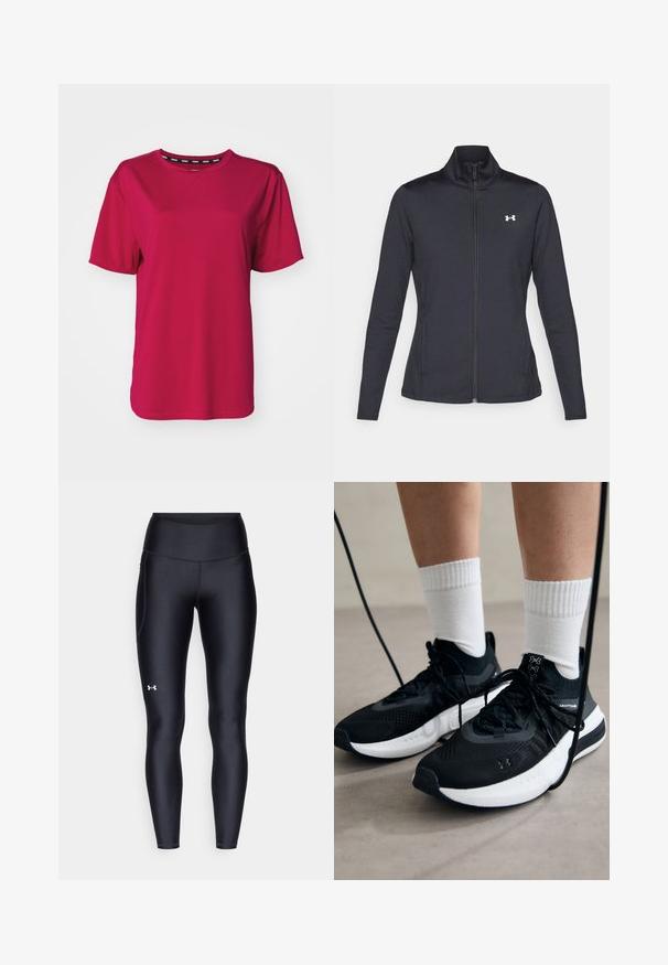 Mustmust mustrits mustritud jahk, valmistatud sujuvast, venivast kangast, kõrge kraega ja täispika tõmbluku ning väikese valge logoga vasakul üleval poole.; Stronger RELAXED TEE - Spordi T-särk - granita; Mustad mustad, venitatud materjalist, kõrge vöökoht. Vasakul reie kohal on valge logo ning tihe disain.; Mustad mustad jalanõud tekstuuritud kangast, valge tallaga ja mustade paeltega. Kanna valgete soonikkudega sokkide sisse, seistes helesinisel pinnal.