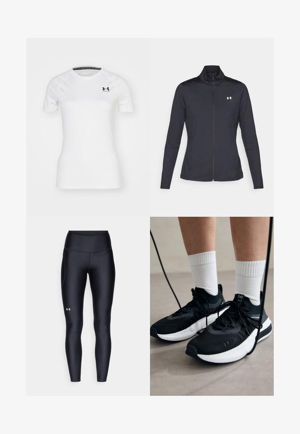 Čierna športová bunda vyrobená z hladkého, elastického materiálu s vysokým golierom a plným zipsom, s malým bielym logom na hornej ľavej strane.; Biela krátka športová tričko s krátkym rukávom vyrobená z hladkej tkaniny, s čiernym logom Under Armour na ľavej hornej časti hrude a guľatým výstrihom.; Čierne legíny vyrobené z hladkého, elastického materiálu s vysokým pásom. Obsahujú biele logo na ľavom stehne a sú strihané na telo.; Čierne športové topánky s textúrovanou tkaninou, bielou podrážkou a čiernymi šnúrkami. Nosené s bielymi rebrovanými ponožkami, postavené na svetlom povrchu.