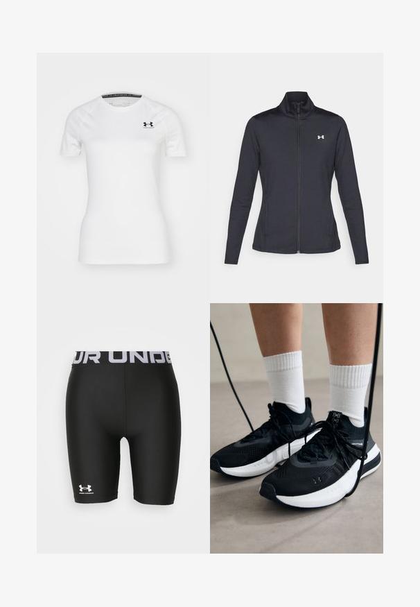Musta urheilutakki, joka on valmistettu sileästä ja joustavasta kankaasta. Takissa on korkea kaulus ja täysipitkä vetoketju, sekä pieni valkoinen logo vasemmalla ylhäällä.; Valkoinen lyhythihainen urheilupaita, joka on valmistettu sileästä kankaasta. Paidassa on musta Under Armour -logo vasemmassa ylärintapuoliskossa ja pyöreä kaula-aukko.; Musta urheilusortsit, joissa on vartalonmyötäinen muotoilu, valmistettu sileästä materiaalista. Varustettu leveällä joustovyöllä, jossa on "UNDER ARMOUR" -teksti ja logo.; Mustat urheilukengät, joissa on teksturoitua kangasta, valkoiset pohjat ja mustat nauhat. Yhdistetty valkoisten urheilusukkien kanssa, seisten vaalealla pinnalla.