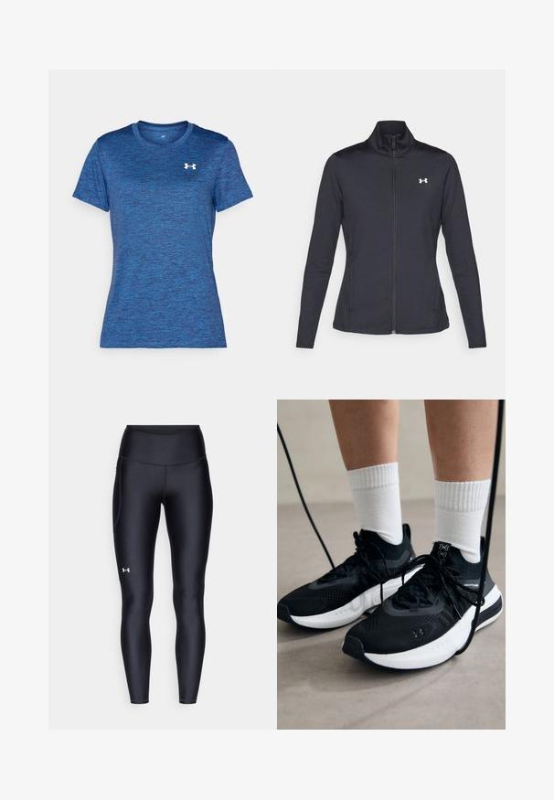 Musta urheilutakki, joka on valmistettu sileästä ja joustavasta kankaasta. Takissa on korkea kaulus ja täysipitkä vetoketju, sekä pieni valkoinen logo vasemmalla ylhäällä.; Sininen lyhythihainen urheilupaita, jossa on teksturoitu, heather-tyylinen kuvio. Varustettu pyöreällä kaula-aukoilla ja pienellä valkoisella logolla rinnassa.; Mustat legginsit, jotka on valmistettu sileästä ja venyvästä materiaalista, korkealla vyötäröllä. Vasemmassa reidessä on valkoinen logo ja istuva muotoilu.; Mustat urheilukengät, joissa on teksturoitua kangasta, valkoiset pohjat ja mustat nauhat. Yhdistetty valkoisten urheilusukkien kanssa, seisten vaalealla pinnalla.
