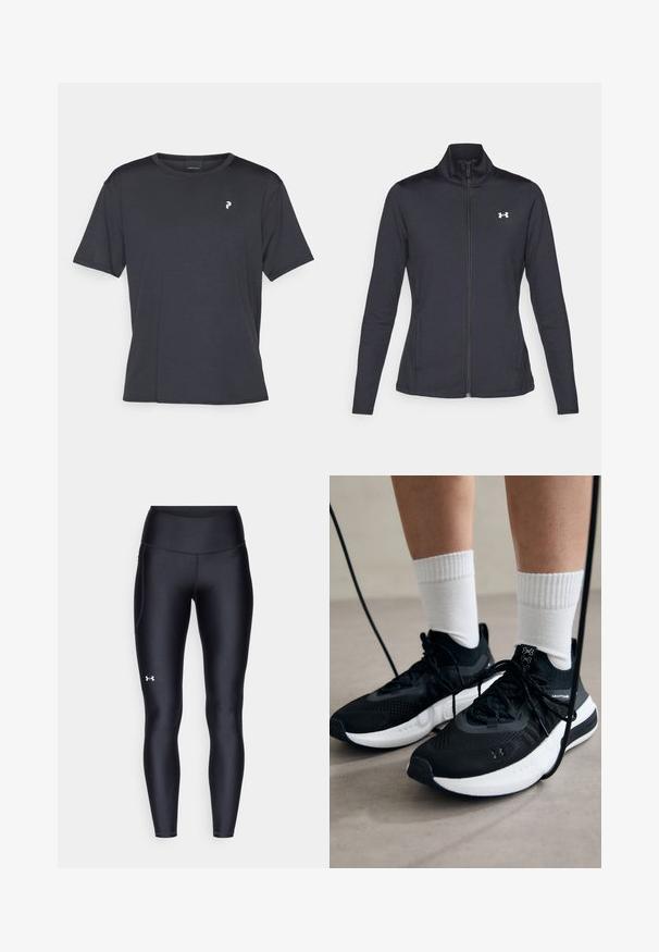 Juodas sportinis švarkas, pagamintas iš lygios, elastingos medžiagos, su aukštu apykakle ir pilnu užtrauktuku, su maža balta logo kairiajame viršutiniame kampe.; Juodas trumpomis rankovėmis marškinėliai, pagaminti iš glotnaus audinio. Su apvalia iškirpte ir mažu baltu logotipu kairėje krūtinės pusėje.; Juodos leggingai, pagaminti iš lygaus, elastingo audinio su aukštu juosmeniu. Kairiajame šlaunyje yra baltas logotipas ir tvirta konstrukcija.; Juodi sportiniai batai su tekstūruotu audiniu, balta padu ir juodais raiščiais. Dėvimi su baltais raištiniais kojiniais, stovint lengvame paviršiuje.