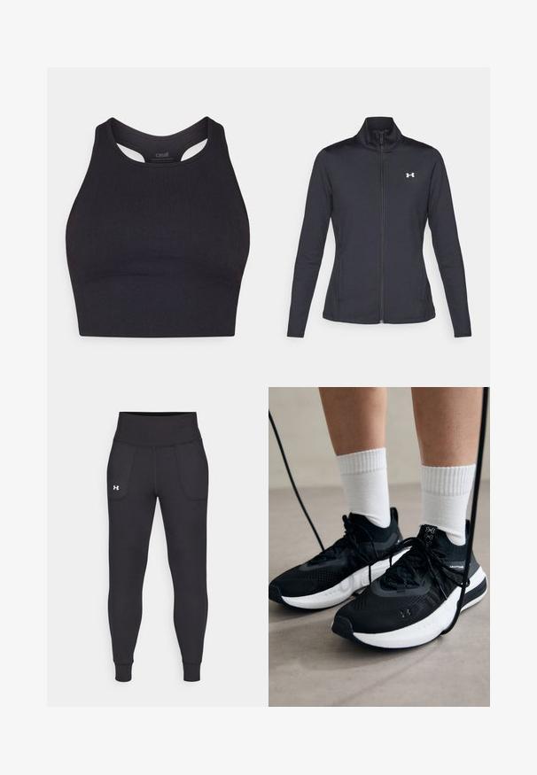 Schwarze Sportjacke aus glattem, dehnbarem Stoff mit hohem Kragen und durchgehendem Reißverschluss, ausgestattet mit einem kleinen weißen Logo auf der oberen linken Seite.; Schwarzes sportliches Crop-Top aus geripptem Material, mit einem ärmellosen Design und einem runden Halsausschnitt mit Ausschnitt-Details.; Schwarze Sportleggings aus dehnbarem Material, mit hohem Taillenbund, seitlichen Taschen und schmalen Bündchen am Knöchel.; Schwarze Sportschuhe aus strukturiertem Stoff, mit weißer Sohle und schwarzen Schnürsenkeln. Tragen mit weißen gerippten Socken, stehen auf einer hellen Fläche.