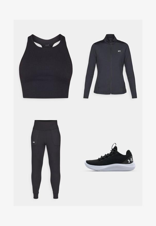 Chaqueta deportiva negra hecha de una tela suave y elástica, con cuello alto y cremallera completa, que presenta un pequeño logo blanco en la parte superior izquierda.; Top corto atlético negro hecho de material acanalado, con un diseño sin mangas y un escote redondeado con detalles en cortes.; Leggings deportivos negros hechos de material elástico, con una cintura alta, bolsillos laterales y puños ajustados en el tobillo.; Zapatillas deportivas negras con una parte superior de malla transpirable, detalles texturizados y una suela de goma blanca. Presentan cordones planos y una lengüeta en el talón.