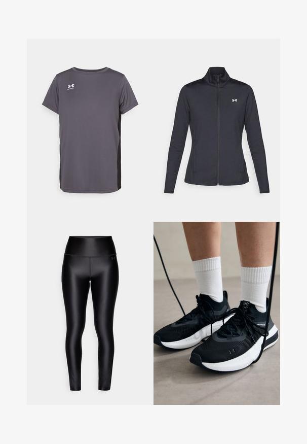 Mustmust mustrits mustritud jahk, valmistatud sujuvast, venivast kangast, kõrge kraega ja täispika tõmbluku ning väikese valge logoga vasakul üleval poole.; Hallgray spordisärk, mis on valmistatud kergest kangast, lühikeste varrukatega, ümarate kaelustega ning kontrastse musta külgpaneeliga. Logo rinnal.; Mustad kõrge vöökohaga retuusid, mis on valmistatud siledast ja venivast materjalist. Omab küljetaskut ja diskreetset logo vöökohal.; Mustad mustad jalanõud tekstuuritud kangast, valge tallaga ja mustade paeltega. Kanna valgete soonikkudega sokkide sisse, seistes helesinisel pinnal.