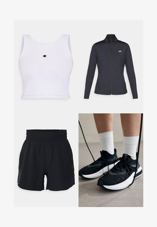 Melnās sporta jakas izgatavotas no gludas, elastīgas auduma ar augstu apkakli un pilnu rāvējslēdzēju, ar nelielu baltu logo augšējā kreisajā pusē.; Balta ribota topa ar noapaļotu kakla izgriezumu, kurā ir neliels iemontēts logo sarkanā un melnā krāsā centrā uz krūšu daļas.; Melnas sporta bikses ar elastīgu jostu, gludu audumu un brīvu griezumu. Biksēm ir sānu kabatas un garums līdz vidus augšstilbam.; Melni sporta apavi ar strukturētu audumu, balta zole un melni šņores. Valkāti ar baltām ribotām zeķēm, stāvot uz gaišas virsmas.