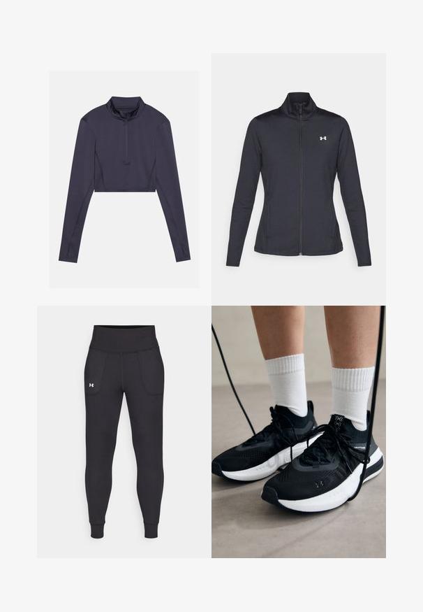Schwarze Sportjacke aus glattem, dehnbarem Stoff mit hohem Kragen und durchgehendem Reißverschluss, ausgestattet mit einem kleinen weißen Logo auf der oberen linken Seite.; Gekürztes Langarmoberteil aus dunkelblauem Stoff. Verfügt über einen hohen Kragen und einen halben Reißverschluss an der Vorderseite. Glatte Textur mit minimalen Nähten.; Schwarze Sportleggings aus dehnbarem Material, mit hohem Taillenbund, seitlichen Taschen und schmalen Bündchen am Knöchel.; Schwarze Sportschuhe aus strukturiertem Stoff, mit weißer Sohle und schwarzen Schnürsenkeln. Tragen mit weißen gerippten Socken, stehen auf einer hellen Fläche.
