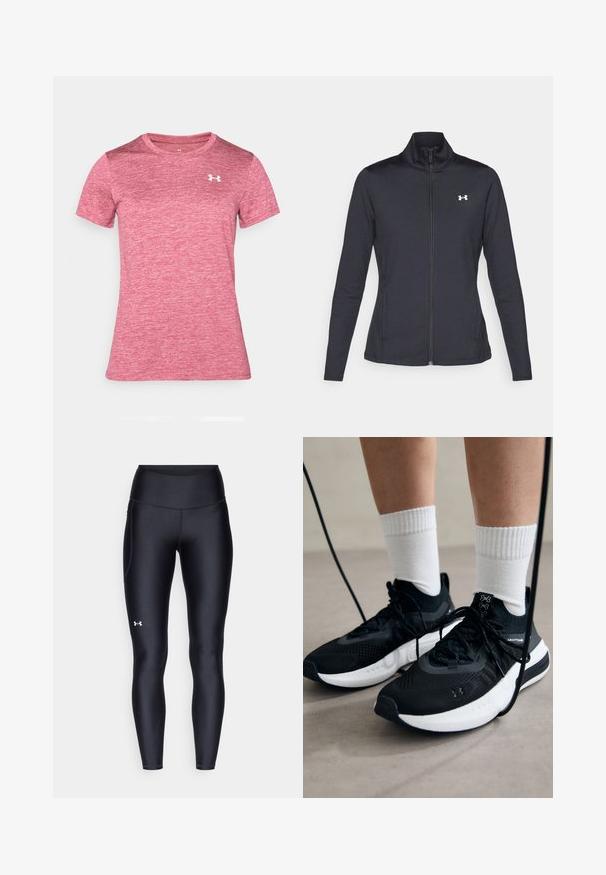 Chaqueta deportiva negra hecha de una tela suave y elástica, con cuello alto y cremallera completa, que presenta un pequeño logo blanco en la parte superior izquierda.; Camiseta activa de manga corta y cuello redondo en tejido rosa jaspeado, con un pequeño logo blanco en el área del pecho izquierdo. Material suave y ligero.; Leggings negros hechos de un material suave y elástico con una cintura alta. Presentan un logo blanco en el muslo izquierdo y un diseño ajustado.; Zapatillas deportivas negras con tela texturizada, suela blanca y cordones negros. Llevadas con calcetines blancos de canalé, de pie sobre una superficie clara.