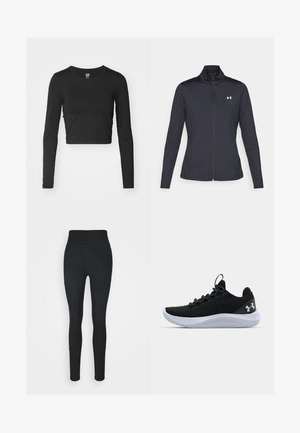 Black athletic jacket made of smooth, stretchy fabric with a high collar and full zipper, featuring a small white logo on the upper left side.; Black long-sleeve cropped top made of smooth, stretchy fabric. Features a round neckline and fitted design with minimal stitching details.; Black leggings made of stretchy fabric, featuring a high waistband, ribbed panels on the sides, and a fitted design tapering at the ankles.; Black athletic shoes with a breathable mesh upper, textured detailing, and a white rubber sole. Features flat laces and a heel pull tab.