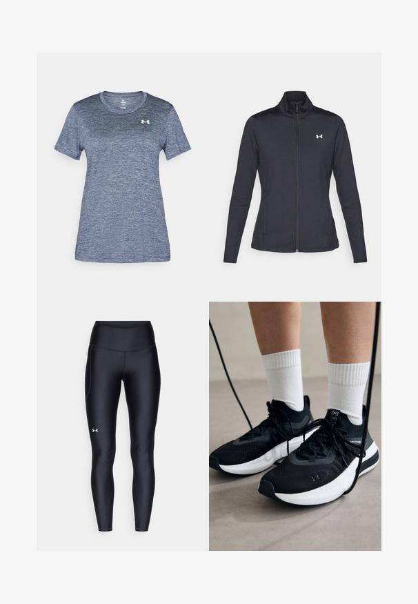 Črna atletska jakna iz gladkega, raztegljivega blaga z visokim ovratnikom in polnim zadrgo, ki ima majhen bel logotip na zgornji levi strani.; Tričeko s kratkimi rokavi iz meliranega mornarsko modrega blaga. Ima okroglo ovratnik in belo logo na zgornjem levem prsnem delu. Mehka tekstura.; Črne pajkice iz gladkega, elastičnega materiala z visokim pasom. Imajo bel logotip na levem stegnu in oprijet kroj.; Črne športne čevlje z strukturirano tkanino, belo podplatom in črnimi vezalkami. Nosi se z belimi rebrastimi nogavicami, stoje na svetli površini.