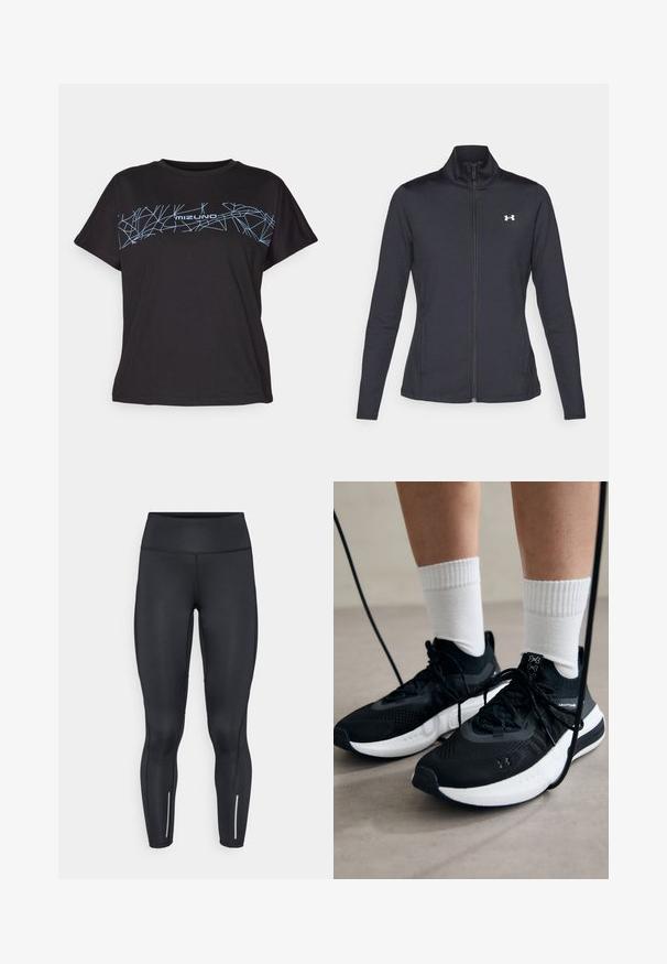 Casaco atlético preto feito de um tecido liso e elástico, com gola alta e zíper completo, apresentando um pequeno logótipo branco no canto superior esquerdo.; T-shirt preto de manga curta feito de algodão com um padrão geométrico azul e o logótipo "mizuno" no peito. Design de ajuste relaxado.; Leggings pretas feitas de material elástico com cintura alta, apresentando detalhes refletivos perto dos tornozelos e textura suave.; Sapatilhas desportivas pretas com tecido texturizado, sola branca e atacadores pretos. Usadas com meias brancas caneladas, a pé sobre uma superfície clara.