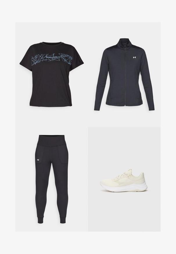 Svart treningsjakke laget av glatt, elastisk stoff med høy krage og hel glidelås, med en liten hvit logo på øvre venstre side.; Svart kortermet t-skjorte laget av bomull, med et blått geometrisk mønster og "mizuno"-logo på brystet. Avslappet passform.; Svarte sportsleggings laget av elastisk materiale, med høy midje, sidelommer og tettsittende mansjetter ved ankelen.; Lysfargede treningssko laget av mesh og syntetiske materialer, med en teksturert overdel, polstret såle og subtil merkevare.