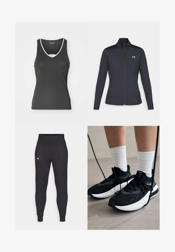Juodas sportinis švarkas, pagamintas iš lygios, elastingos medžiagos, su aukštu apykakle ir pilnu užtrauktuku, su maža balta logo kairiajame viršutiniame kampe.; Juodas tankų marškinėlis su V formos iškirpte ir iškirpimo detalėmis. Apjuostas balta juostele iškirptėje ir rankovių kraštuose. Pagamintas iš lygaus, tamprių audinio.; Juodos sportinės leginsai, pagaminti iš tamprių medžiagų, su aukštu juosmeniu, šoninėmis kišenėmis ir priglundančiomis blauzdų manžetėmis.; Juodi sportiniai batai su tekstūruotu audiniu, balta padu ir juodais raiščiais. Dėvimi su baltais raištiniais kojiniais, stovint lengvame paviršiuje.