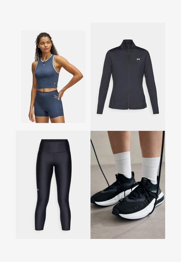 Schwarze Sportjacke aus glattem, dehnbarem Stoff mit hohem Kragen und durchgehendem Reißverschluss, ausgestattet mit einem kleinen weißen Logo auf der oberen linken Seite.; Marineblaues Sport-Crop-Top mit einem Reißverschluss vorne und weißen Akzenten; kombiniert mit hoch taillierten Shorts mit einer Seitentasche und passenden Details.; Schwarze Leggings aus glattem, dehnbarem Material. Hoch geschnittenes Design mit enganliegendem Sitz und einem kleinen Logo auf dem linken Bein.; Schwarze Sportschuhe aus strukturiertem Stoff, mit weißer Sohle und schwarzen Schnürsenkeln. Tragen mit weißen gerippten Socken, stehen auf einer hellen Fläche.