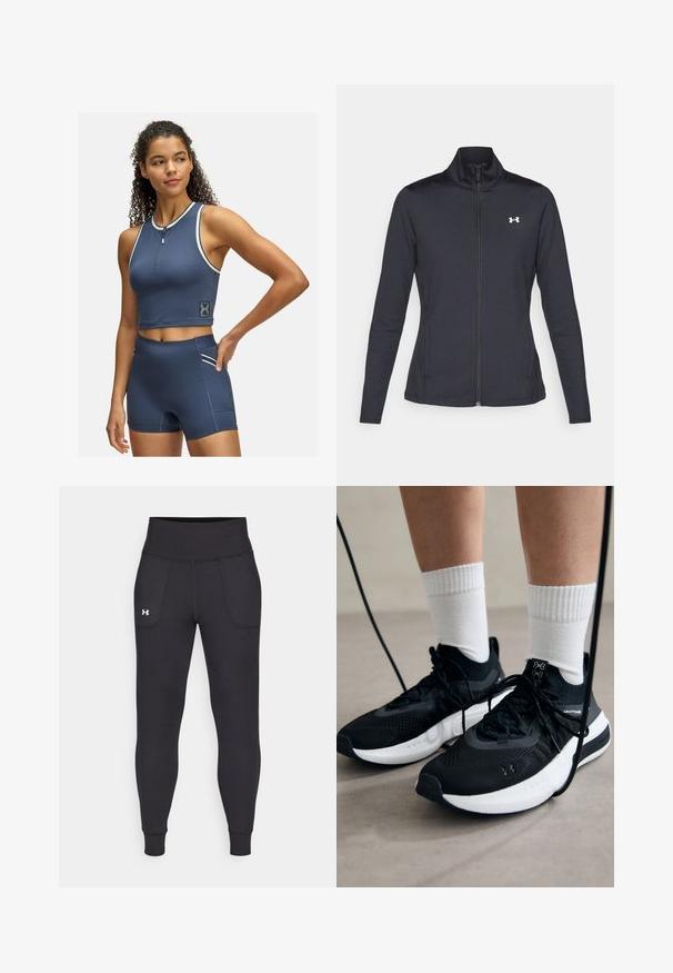 Čierna športová bunda vyrobená z hladkého, elastického materiálu s vysokým golierom a plným zipsom, s malým bielym logom na hornej ľavej strane.; Námornícky modrý športový crop top so zipsom vpredu a bielymi detailmi; spárovaný s vyššími šortkami s bočnou kapsou a zodpovedajúcimi detailmi.; Čierne športové legíny vyrobené z elastického materiálu, s vysokým pásom, bočnými vreckami a priliehajúcimi manžetami na členkoch.; Čierne športové topánky s textúrovanou tkaninou, bielou podrážkou a čiernymi šnúrkami. Nosené s bielymi rebrovanými ponožkami, postavené na svetlom povrchu.