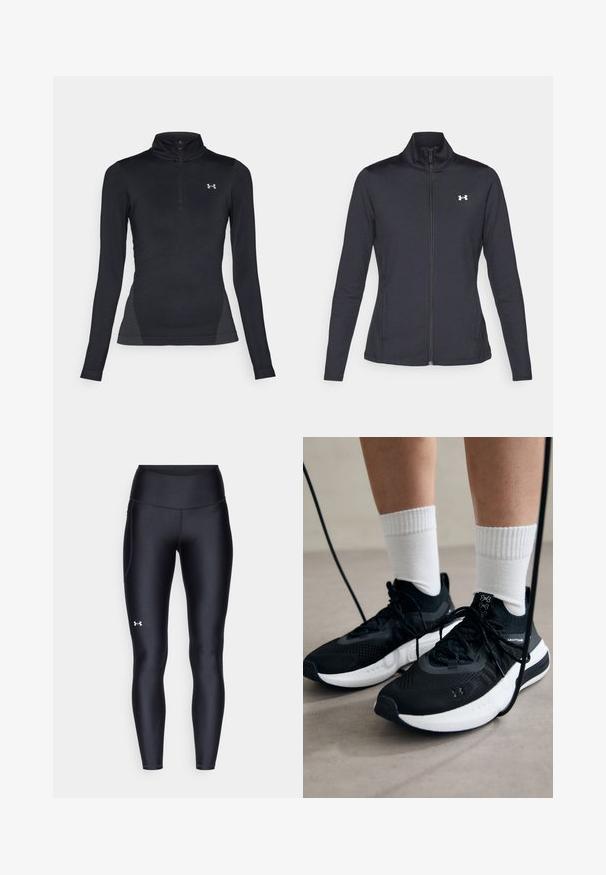 Casaco atlético preto feito de um tecido liso e elástico, com gola alta e zíper completo, apresentando um pequeno logótipo branco no canto superior esquerdo.; Top preto de manga longa com gola alta e fecho de quarto, feito de um material elástico, apresenta um logótipo no peito e detalhes texturizados nas laterais.; Leggings pretos feitos de material liso e elástico, com uma cintura alta. Apresentam um logotipo branco na coxa esquerda e um design ajustado.; Sapatilhas desportivas pretas com tecido texturizado, sola branca e atacadores pretos. Usadas com meias brancas caneladas, a pé sobre uma superfície clara.