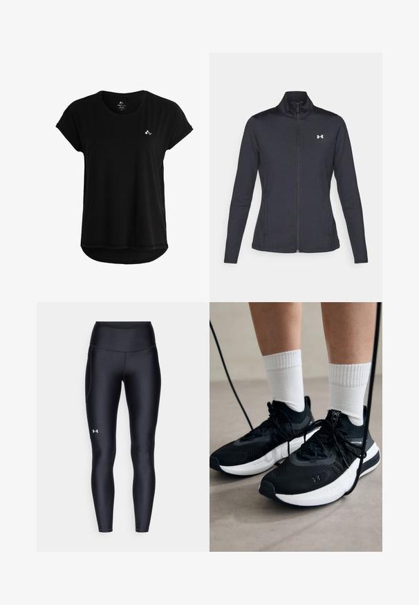 Giacca sportiva nera realizzata in tessuto morbido ed elasticizzato, con colletto alto e zip completa, caratterizzata da un piccolo logo bianco sul lato sinistro superiore.; T-shirt nera a maniche corte realizzata in tessuto morbido, con orlo curvo e un piccolo logo sul petto. Design semplice e minimalista.; Leggings neri realizzati in materiale morbido e stretch con vita alta. Presentano un logo bianco sulla coscia sinistra e un design aderente.; Scarpe sportive nere con tessuto testurizzato, suola bianca e lacci neri. Indossate con calzini bianchi a costine, in piedi su una superficie chiara.