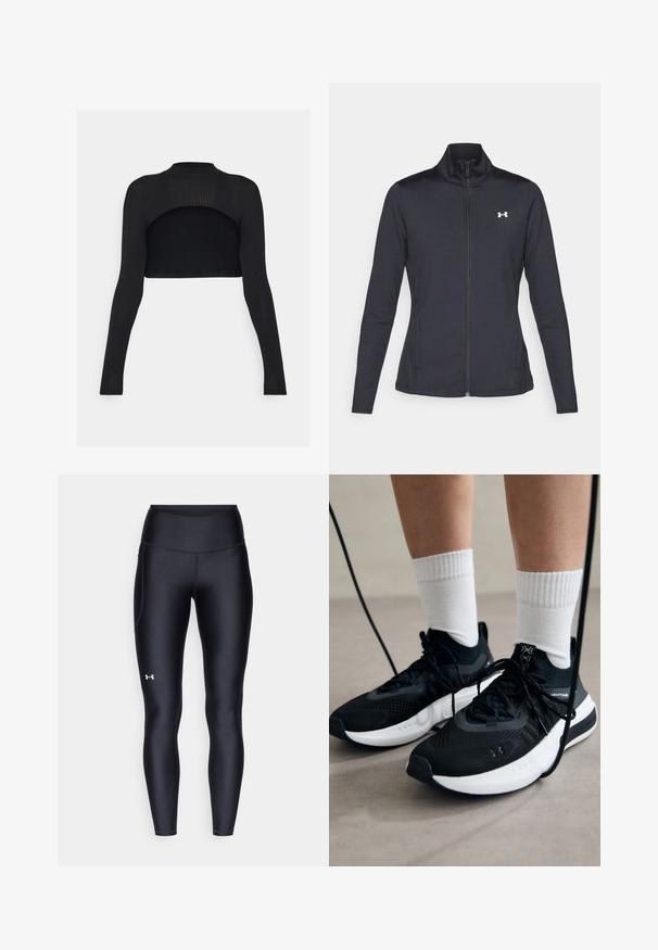 Schwarze Sportjacke aus glattem, dehnbarem Stoff mit hohem Kragen und durchgehendem Reißverschluss, ausgestattet mit einem kleinen weißen Logo auf der oberen linken Seite.; Schwarzes geripptes Crop-Top mit langen Ärmeln, hohem Kragen und offenem Rücken. Glatte Textur mit einer figurbetonten Silhouette.; Schwarze Leggings aus glattem, elastischem Material mit einem hohen Bund. Mit einem weißen Logo auf dem linken Oberschenkel und tailliertem Design.; Schwarze Sportschuhe aus strukturiertem Stoff, mit weißer Sohle und schwarzen Schnürsenkeln. Tragen mit weißen gerippten Socken, stehen auf einer hellen Fläche.