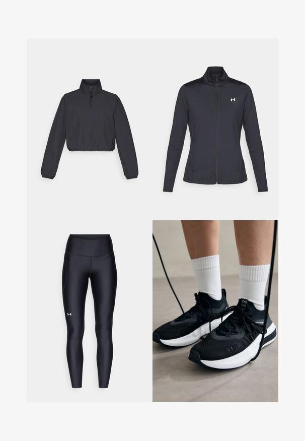 Svart treningsjakke laget av glatt, elastisk stoff med høy krage og hel glidelås, med en liten hvit logo på øvre venstre side.; Korte svart jakke med høy krage, 1/4 glidelås, elastisk kant og lange ermer; laget av et glatt, lett stoff.; Sorte leggings laget av glatt, elastisk materiale med høy midje. Har en hvit logo på venstre lår og en tettsittende design.; Svarte treningssko med teksturert stoff, hvit såle og svarte snøringer. Brukt med hvite ribbestrikkede sokker, stående på en lys overflate.