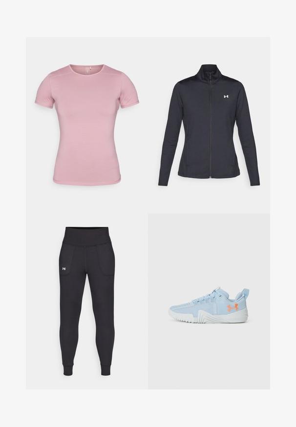 Svart treningsjakke laget av glatt, elastisk stoff med høy krage og hel glidelås, med en liten hvit logo på øvre venstre side.; Kortermet t-skjorte i myk rosa, strukturert stoff med tettsittende fasong. Har rund hals og standard nederkant uten utsmykkinger.; Svarte sportsleggings laget av elastisk materiale, med høy midje, sidelommer og tettsittende mansjetter ved ankelen.; Lyseblå sportsko laget av mesh-materiale med en teksturert såle, med en oransje logo og snøring.