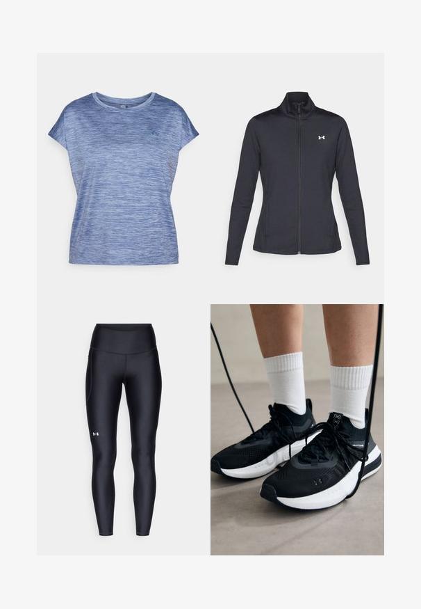 Juodas sportinis švarkas, pagamintas iš lygios, elastingos medžiagos, su aukštu apykakle ir pilnu užtrauktuku, su maža balta logo kairiajame viršutiniame kampe.; ONLY Play ONPAUB-CORE LIFE ON SS LOOSE BAT TEE - Sportiniai marškinėliai trumpomis rankovėmis - vintage indigo; Juodos leggingai, pagaminti iš lygaus, elastingo audinio su aukštu juosmeniu. Kairiajame šlaunyje yra baltas logotipas ir tvirta konstrukcija.; Juodi sportiniai batai su tekstūruotu audiniu, balta padu ir juodais raiščiais. Dėvimi su baltais raištiniais kojiniais, stovint lengvame paviršiuje.